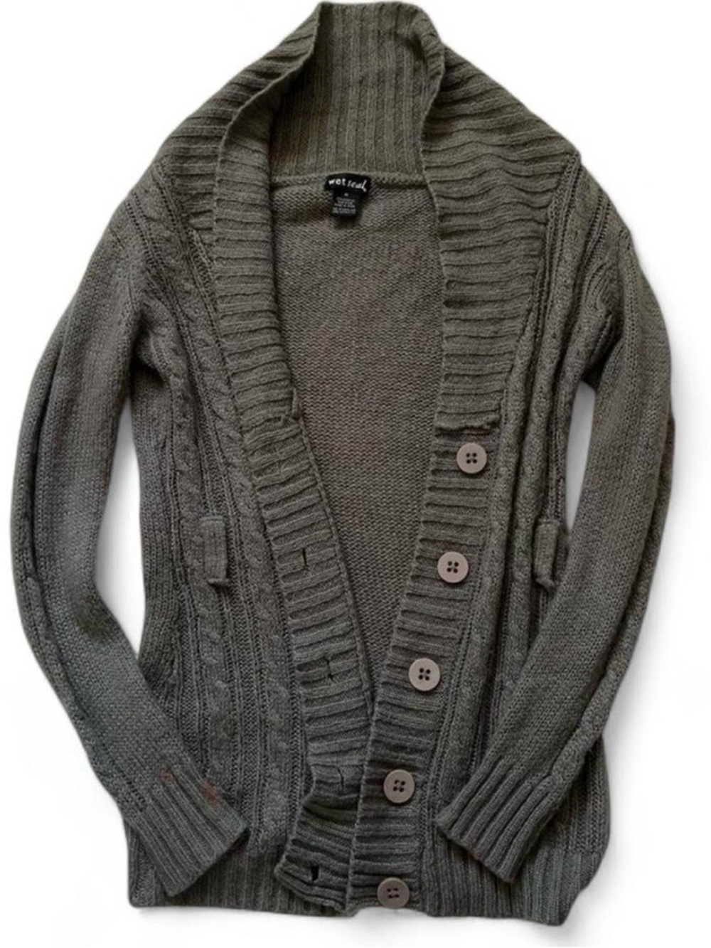 Wet seal grey duster cable-knit button up long cardigan size M twilight core Y2K